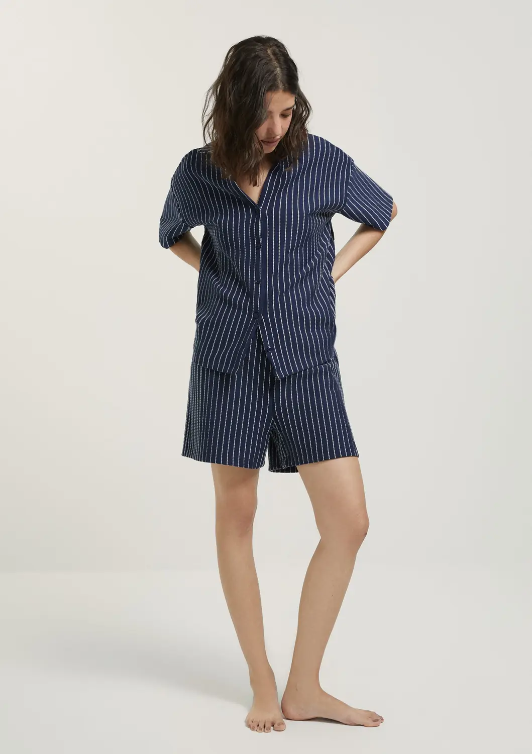 Pijama Curto Feminino Fio Tinto Texturizado â Azul marinho â foto 1 de 4