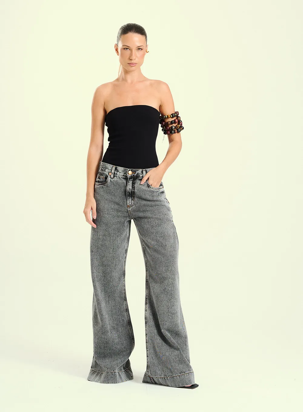 Calça Feminina Pantalona Jeans Grey