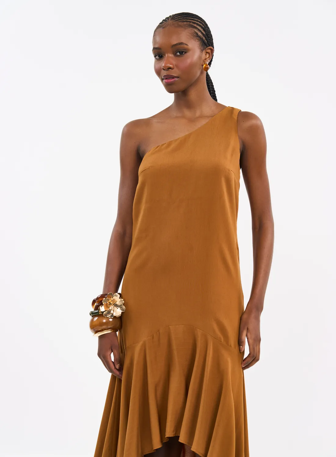 Vestido Midi Um Ombro Só com Barra Assimétrica
